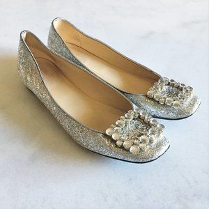 Kate Spade Norella silver glitter ballet flat shoe with crystal buckles